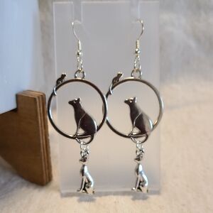 Handcrafted Silver‎ Cat Dangle Earrings NEW 3" Pets Outdoors Casual